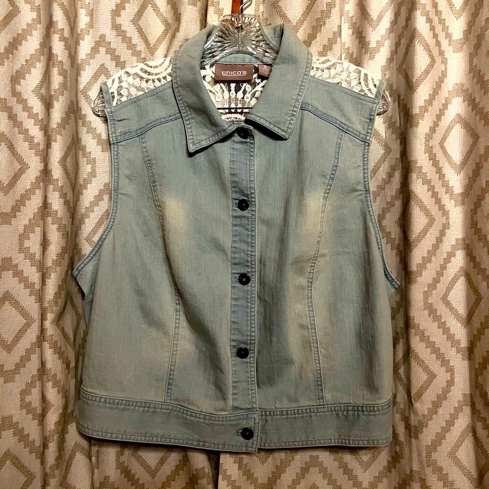 CHICOS Denim & Lace Button Up Vest